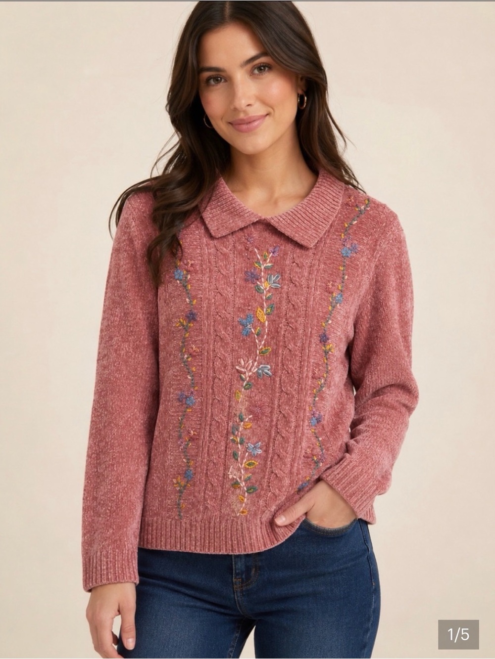 Alfred Dunner Rose Pink Cable-Knit Sweater with Floral Embroidery